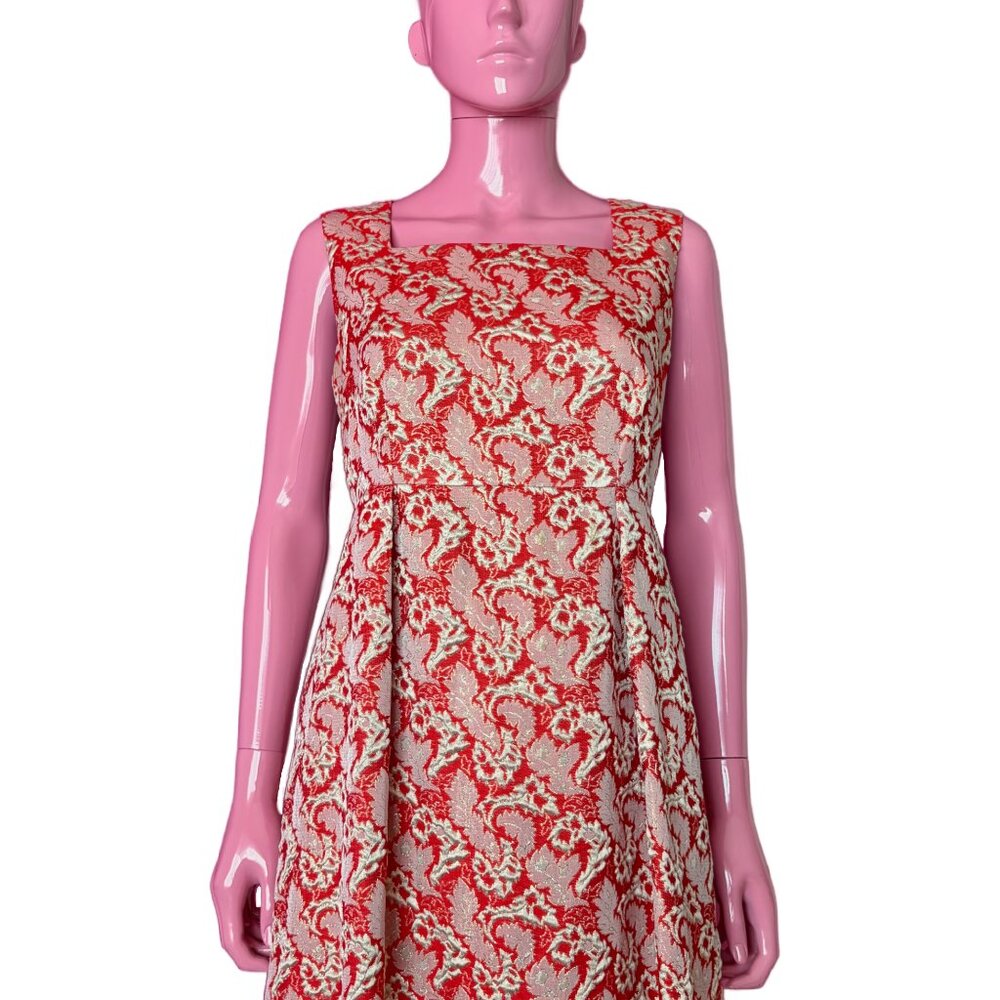 Vintage 60s M Brocade Maxi Gown Red Gold Ivory High Waist SquareNeck Party Dress